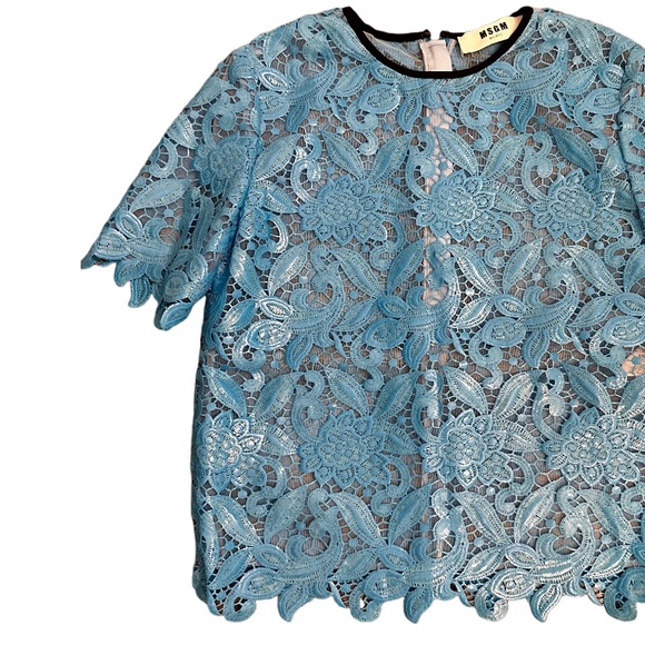MSGM Milano Blue Lace Netted Short Sleeve Top Size 40 Small US - Picture 2 of 11